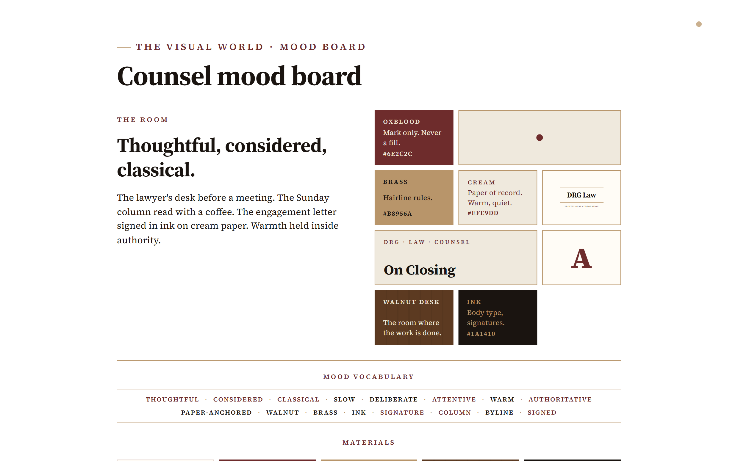 A page from the DRG Law Brand Book: the Counsel mood board, setting the firm's visual territory in oxblood, brass, cream, walnut, and ink