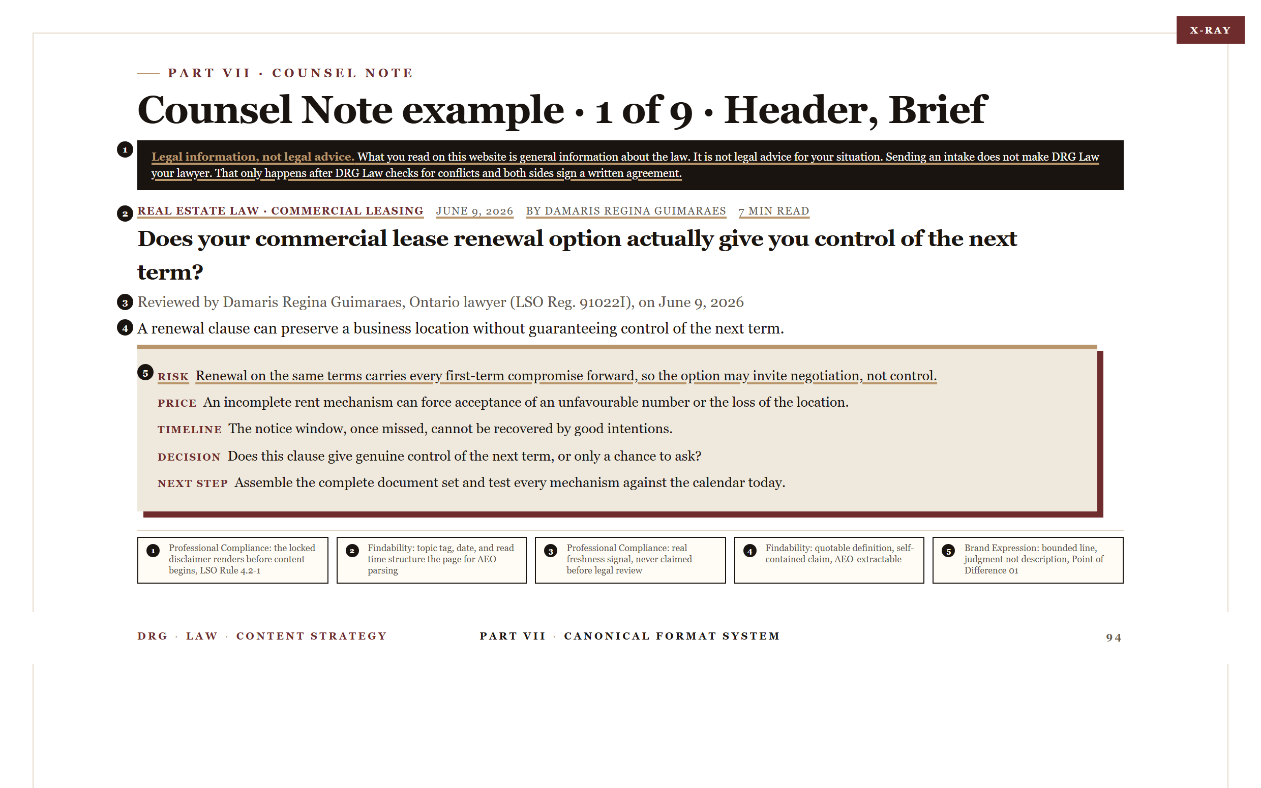 A worked example from the DRG Law Content Strategy Book: a Counsel Note with each element annotated with the compliance or findability rule it satisfies
