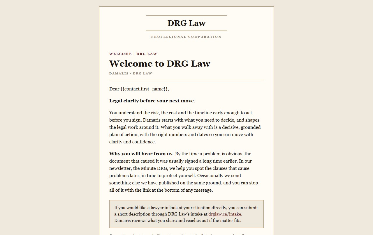 The DRG Law welcome email: the sequence every new contact receives, in English and Portuguese editions