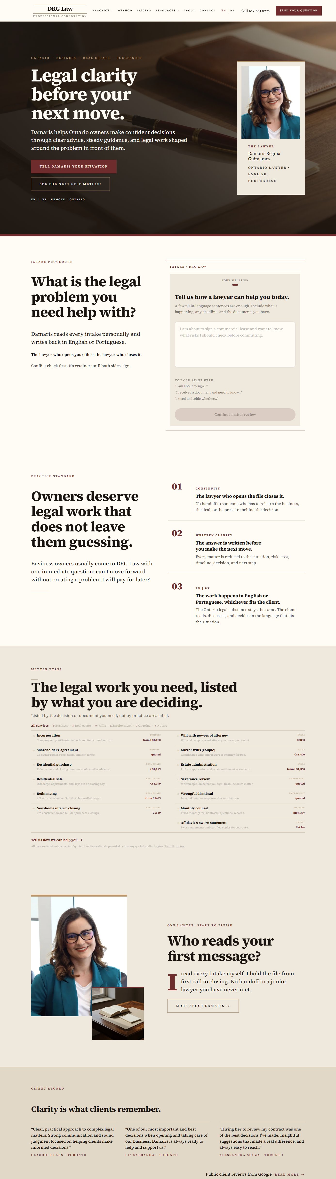 The full DRG Law homepage after the engagement, first half