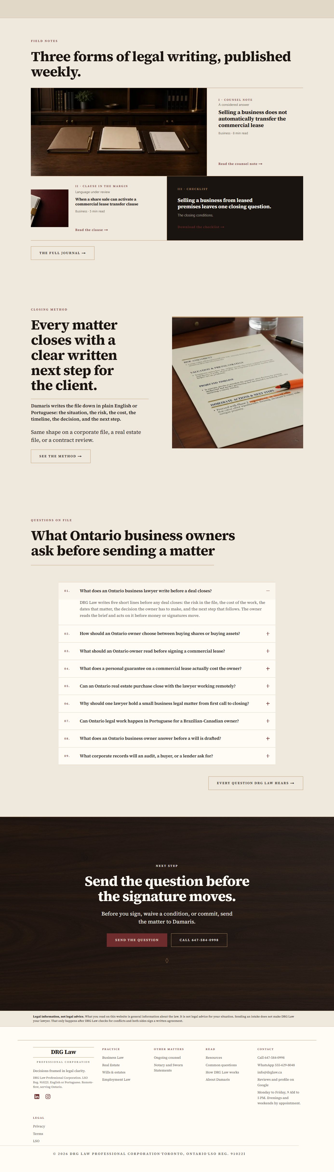 The full DRG Law homepage after the engagement, second half