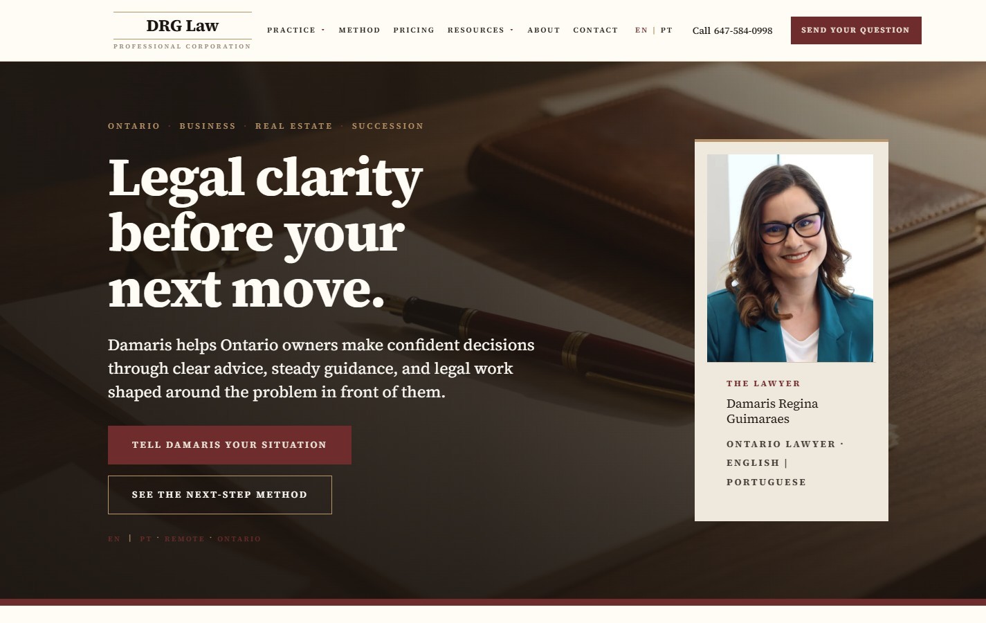 Hero section of the DRG Law website designed and launched by CaseLoad Select
