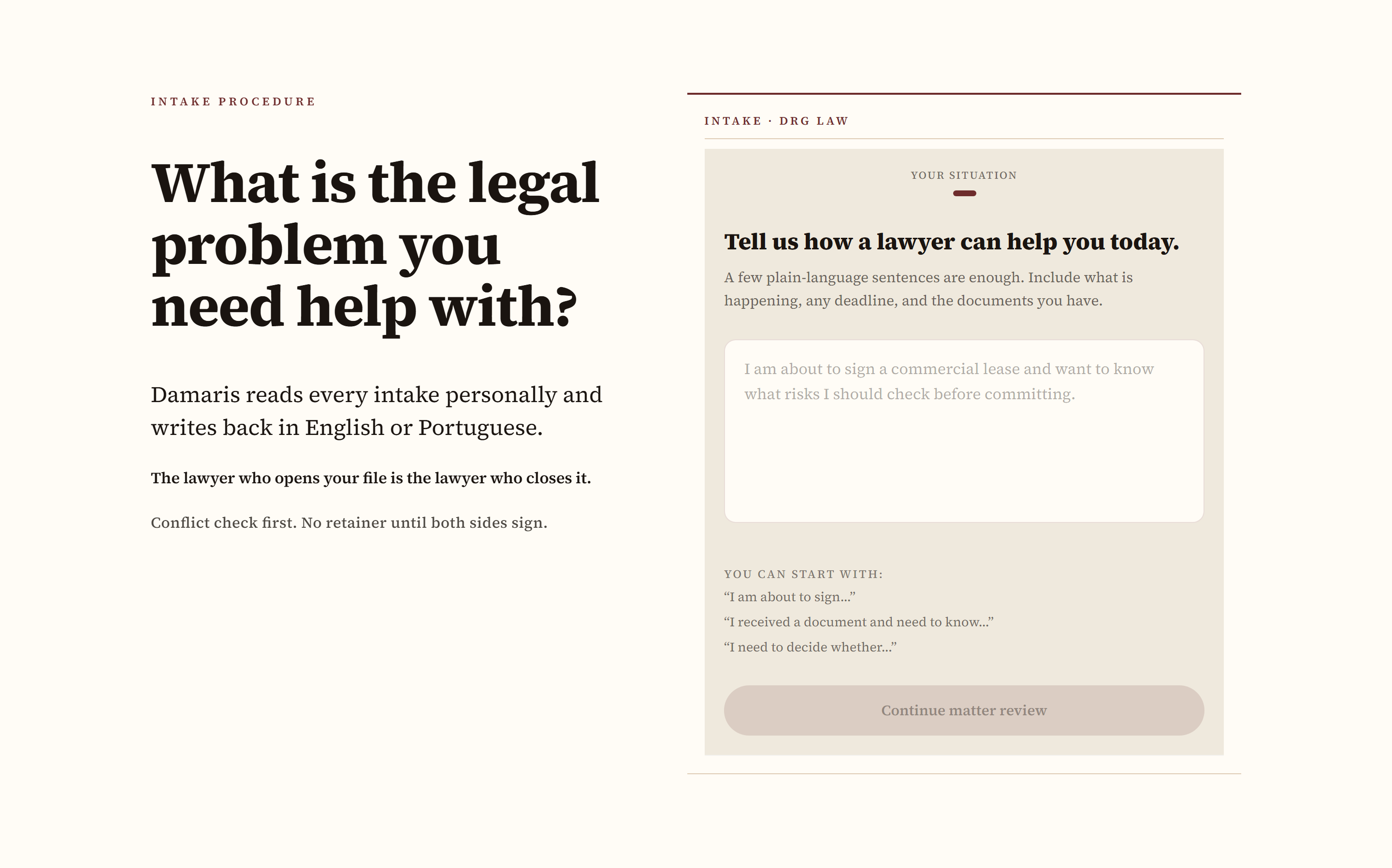 The CaseLoad Select intake widget on the DRG Law website: a short conversational intake connected to the Screen
