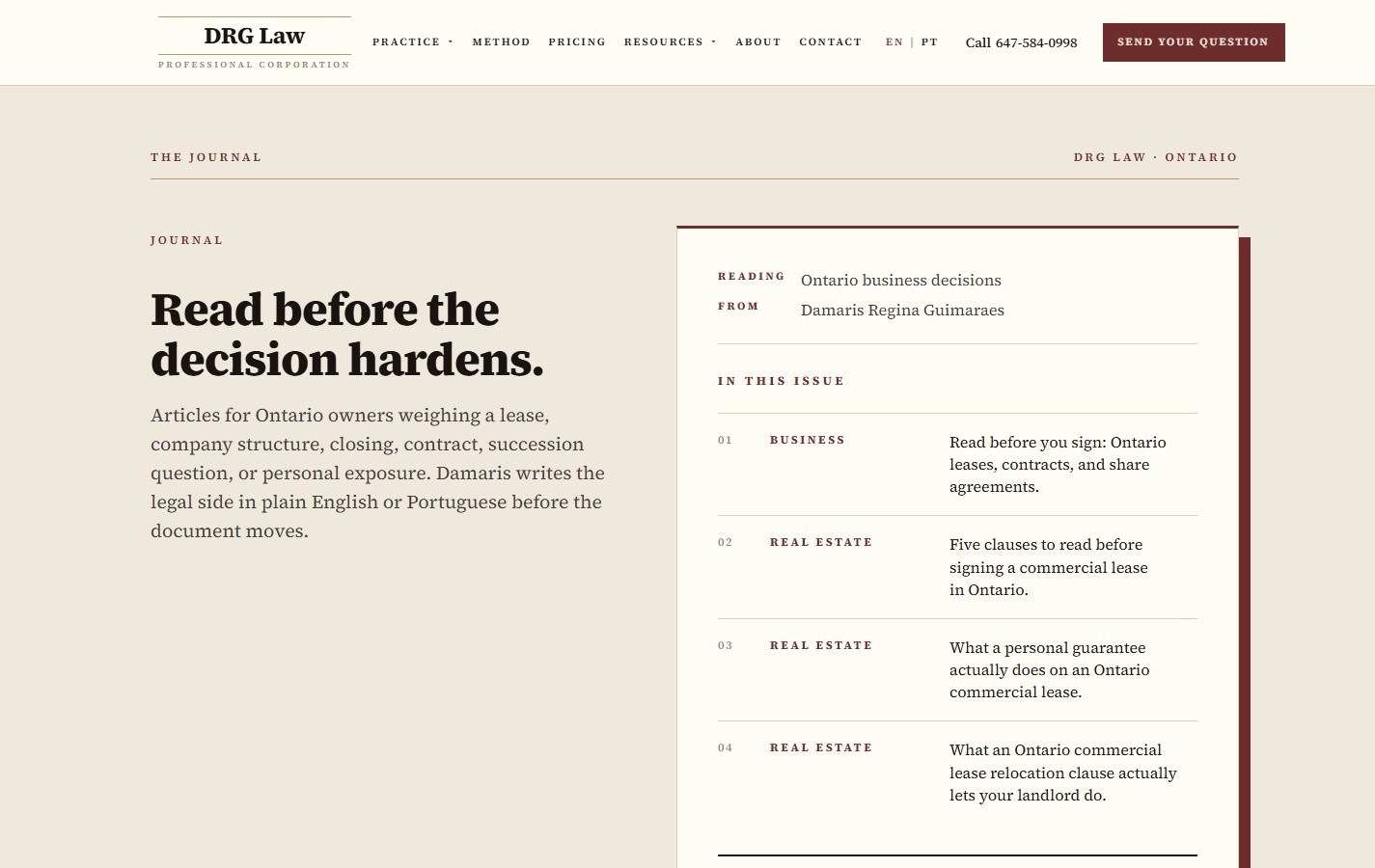Hero section of the DRG Law decision journal built by CaseLoad Select